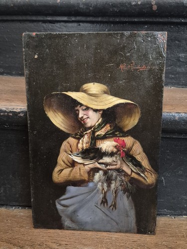 Tableau ancien femme poulet - ancien, au